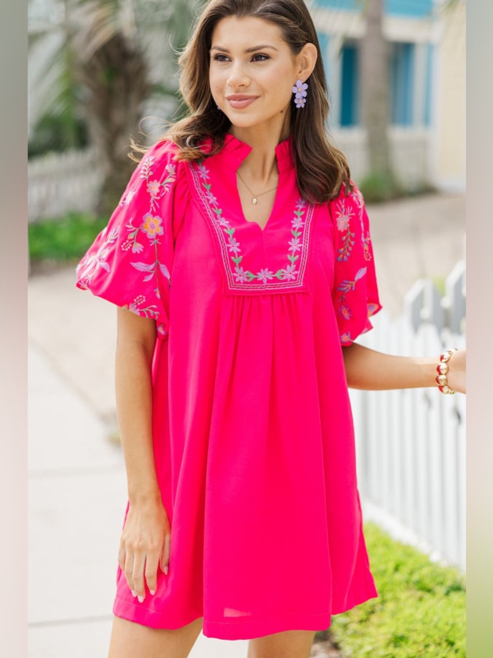 Hot Pink Embroidered Notch-Neck Mini Dress